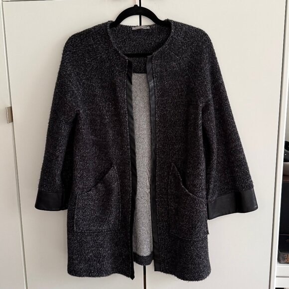 Zara Grey Cardigan Over Coat Black Faux Leather Trim Open Front Pockets S - Picture 1 of 3